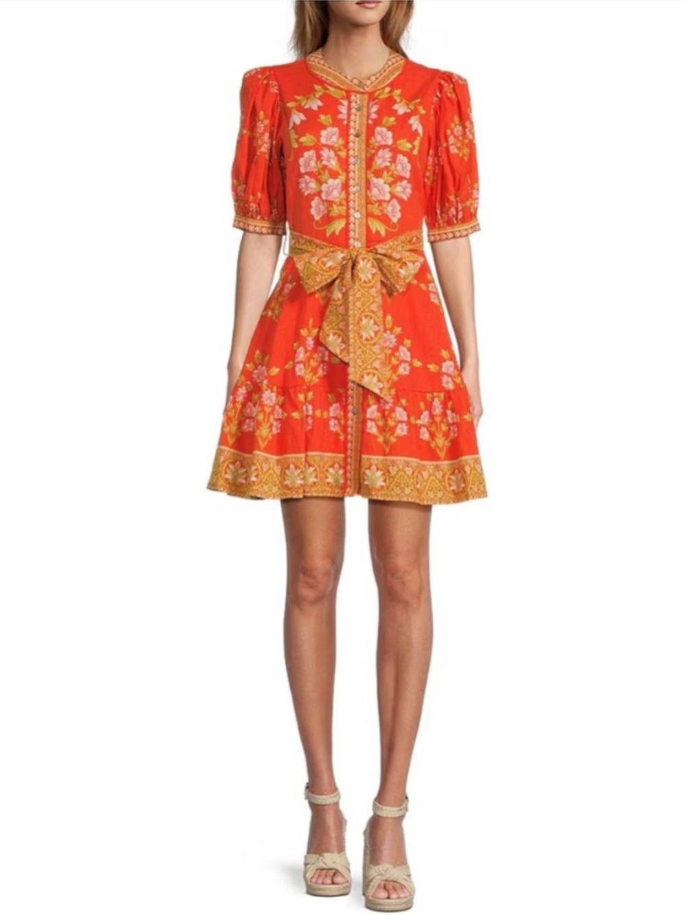 A Loves A Floral Puff-Sleeve Orange Belted Linen Mini Dress New Size Small